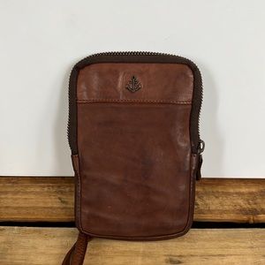 Small (approx. 4.75” x 7”) brown leather crossbody wallet/purse.